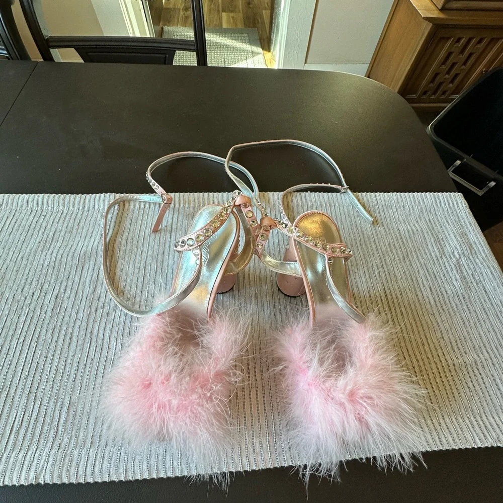 Dolls Kill Blush Pink Feathered Crystal Block Heel Sandals - Picture 4 of 9